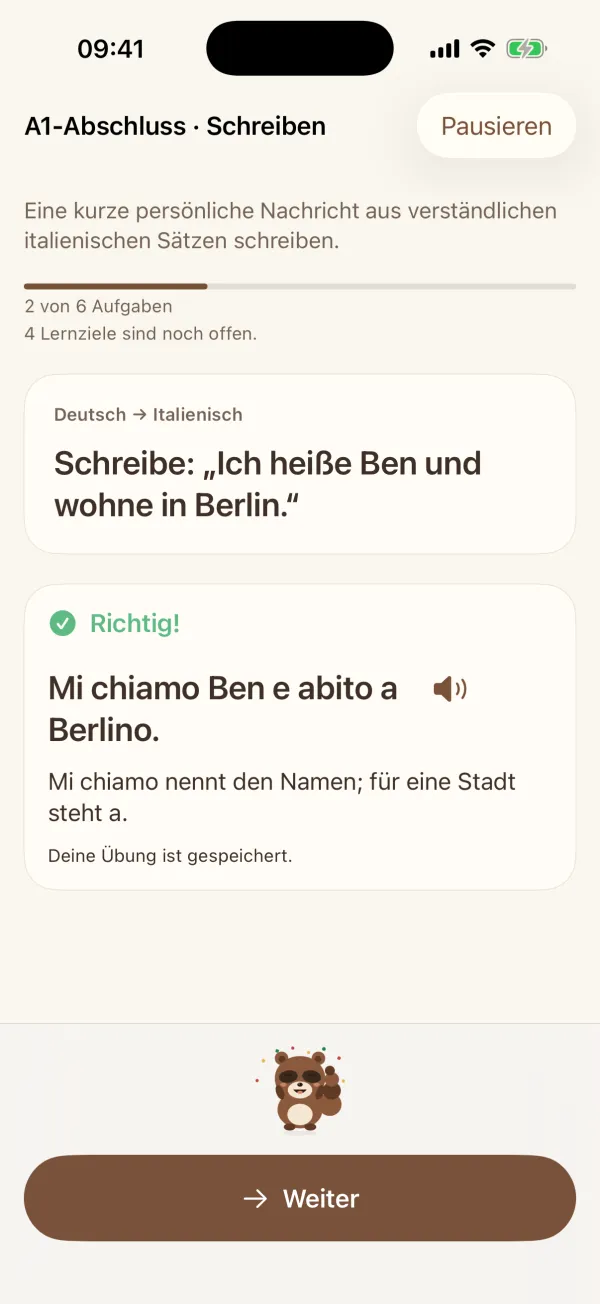 Schreibübung mit Rückmeldung „Richtig!“ und deutscher Erklärung